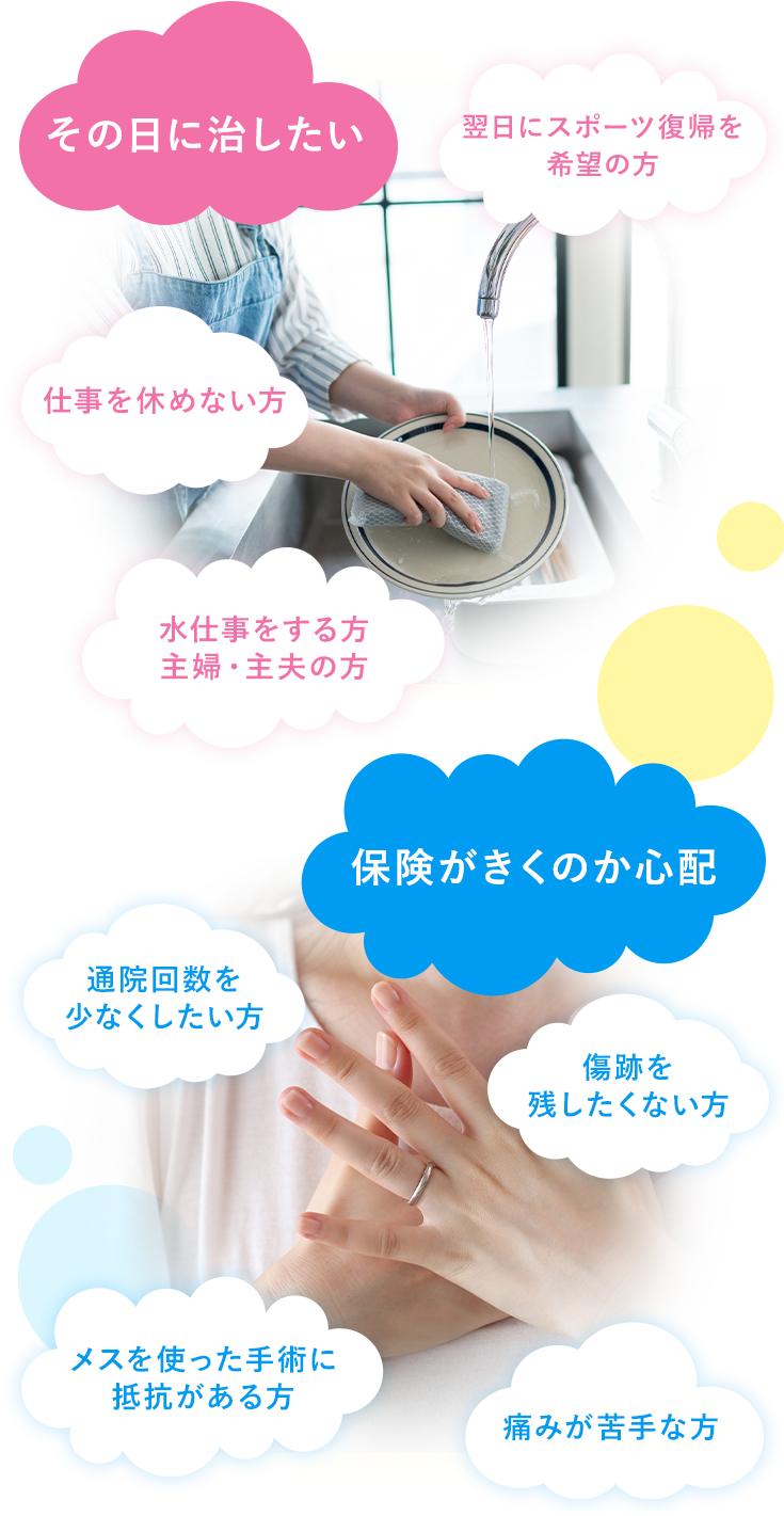 -その日に治したい- スポーツ復帰を早期ご希望の方 仕事を休めない方 水仕事をする方主婦・主夫の方 -保険がきくのか心配- メスを使った手術に抵抗がある方 傷跡を残したくない方 通院回数を少なくしたい方 痛みが苦手な方